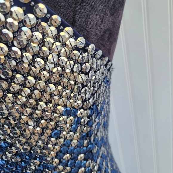 Cache Womens Sequin Blue Silver Maxi Formal Dress Prom Queen Slit Open Back Sz 4 - Picture 12 of 16